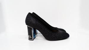 Chanel Black Glitter Grosgrain Cap Toe Logo Pumps With Mirrored Heels