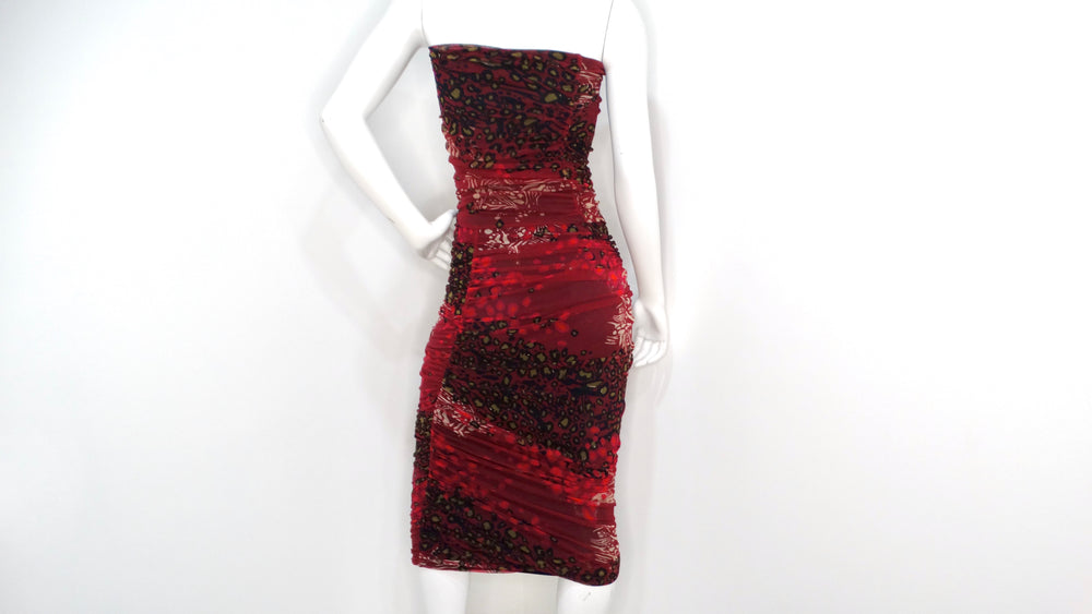 Fuzzi 1990s Burgundy Animal Print Mesh Strapless Midi Dress