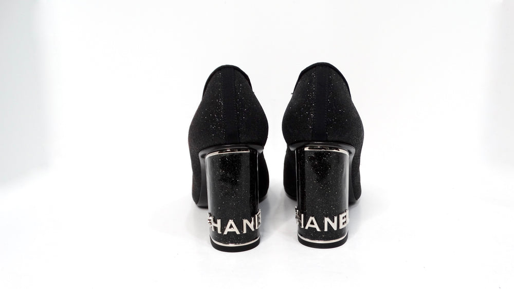 Chanel Black Glitter Grosgrain Cap Toe Logo Pumps With Mirrored Heels