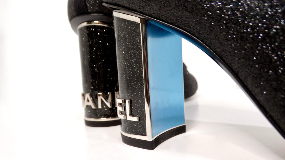 Chanel Black Glitter Grosgrain Cap Toe Logo Pumps With Mirrored Heels