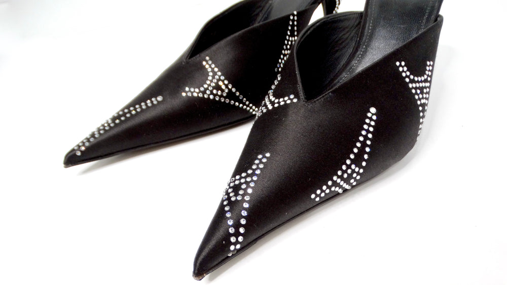 Balenciaga Black Satin Rhinestone Eiffel Tower Kitten Heel Pumps