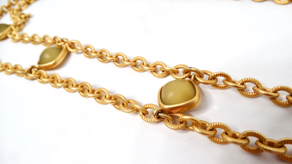 Vintage Gold Tone Chain Link Belt With Olive Green Accents