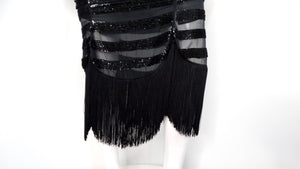 Moschino 1990s Couture Black Sequins Sheer Sleeveless Dress with Fringe