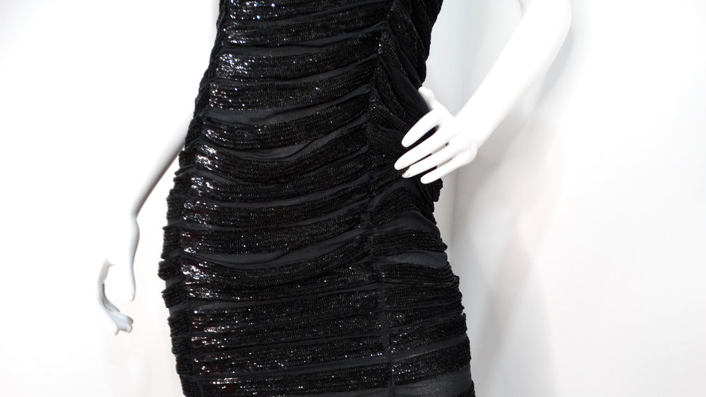 Moschino 1990s Couture Black Sequins Sheer Sleeveless Dress with Fringe