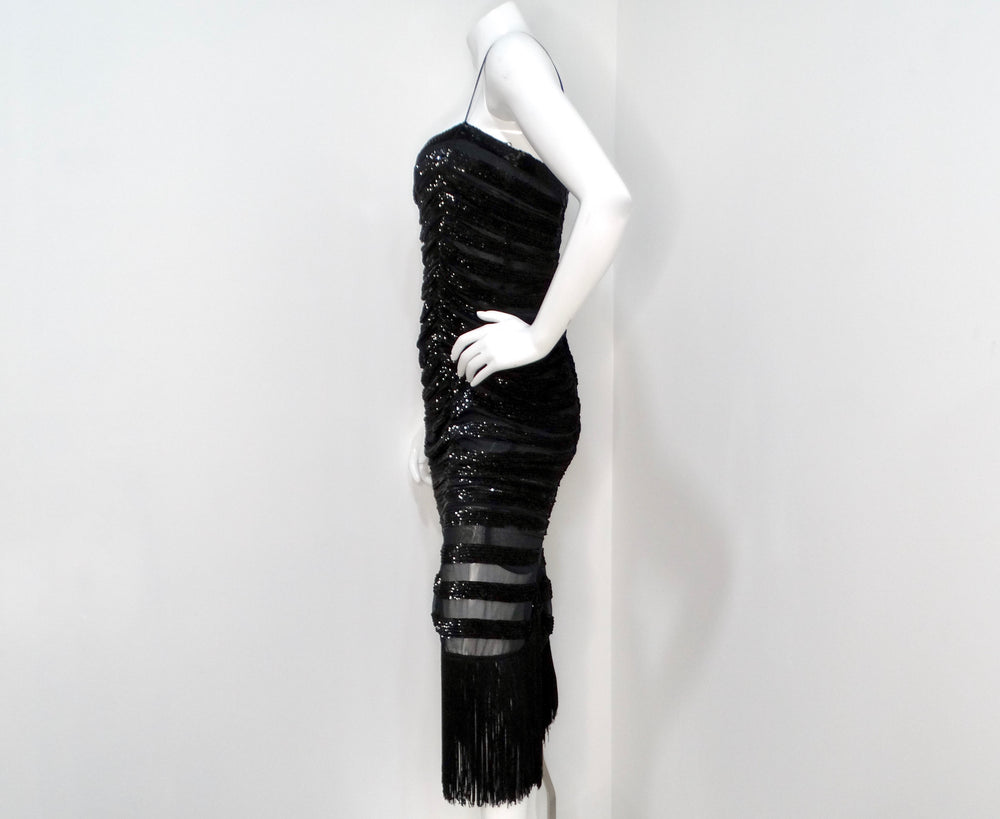 Moschino 1990s Couture Black Sequins Sheer Sleeveless Dress with Fringe