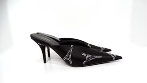 Balenciaga Black Satin Rhinestone Eiffel Tower Kitten Heel Pumps