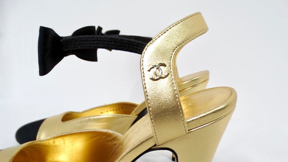 Chanel Gold Metallic Laminated Lambskin Grosgrain Slingback Pumps With Bows