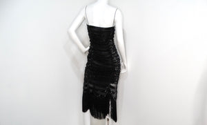 Moschino 1990s Couture Black Sequins Sheer Sleeveless Dress with Fringe