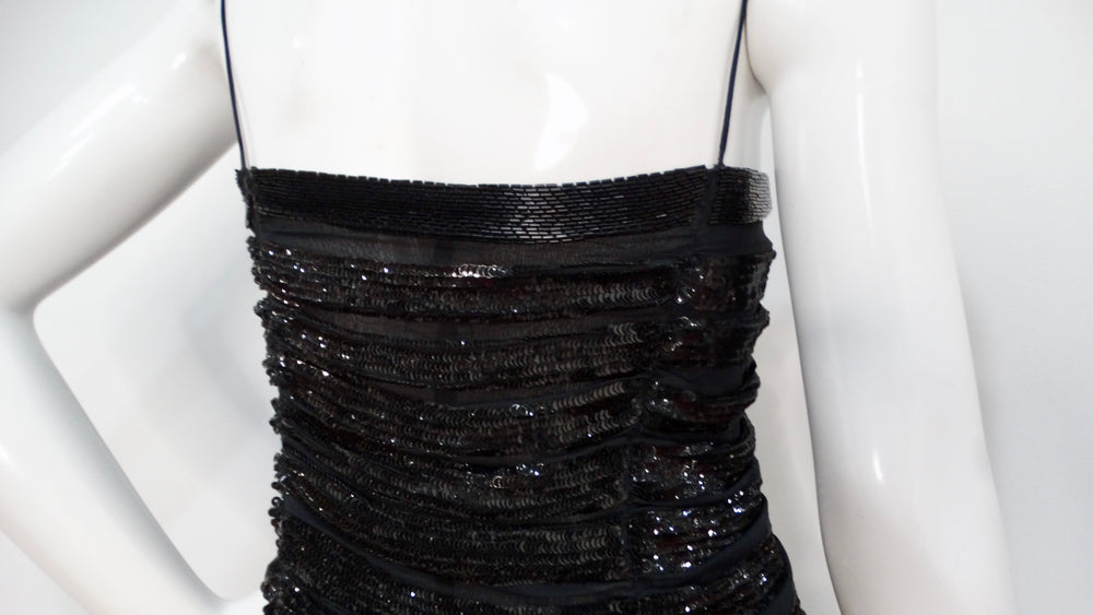 Moschino 1990s Couture Black Sequins Sheer Sleeveless Dress with Fringe