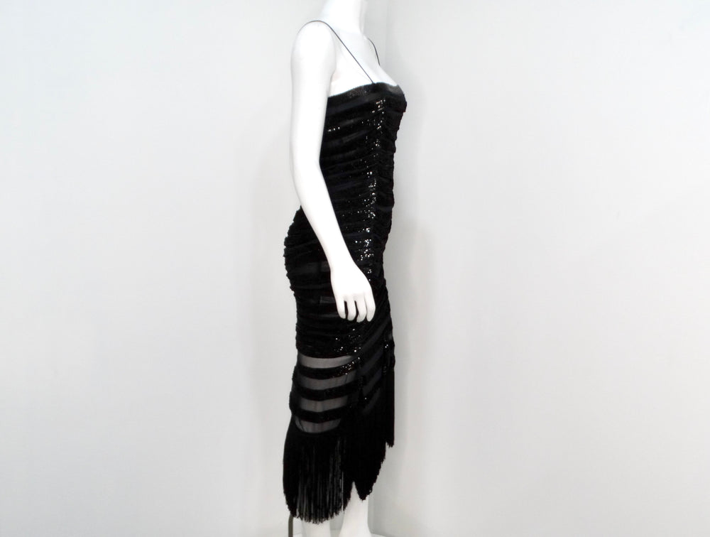 Moschino 1990s Couture Black Sequins Sheer Sleeveless Dress with Fringe