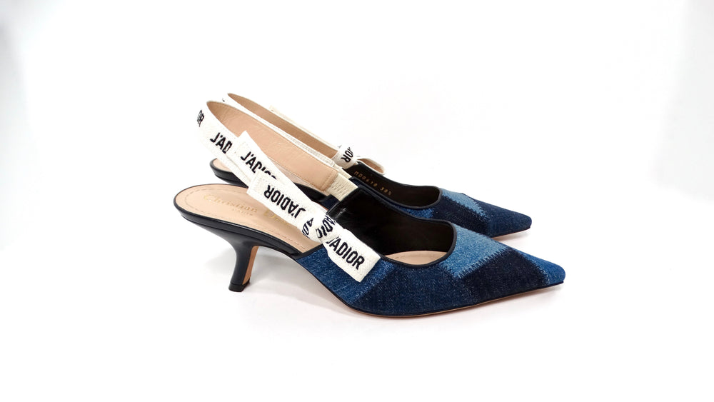 Christian Dior J'ADIOR Denim Patchwork Slingback Kitten Heels