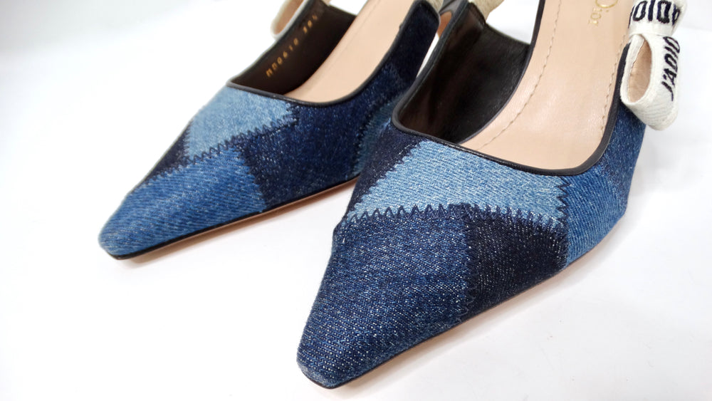 Christian Dior J'ADIOR Denim Patchwork Slingback Kitten Heels