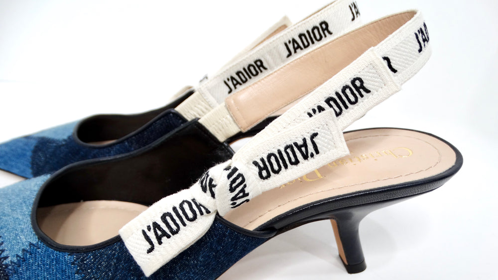 Christian Dior J'ADIOR Denim Patchwork Slingback Kitten Heels