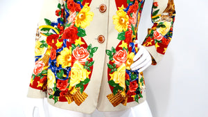 Horse and Flower Print Cream Blazer With Leather Buttons