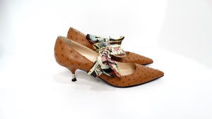 Prada Custom Brown Leather Ostrich Embossed Kitten Heels With Removable Bow