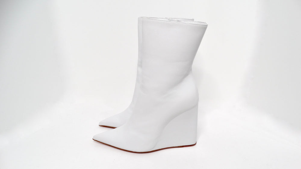 Amina Muaddi Pernille White Leather Wedge Boots