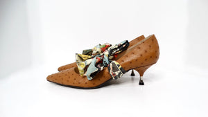 Prada Custom Brown Leather Ostrich Embossed Kitten Heels With Removable Bow