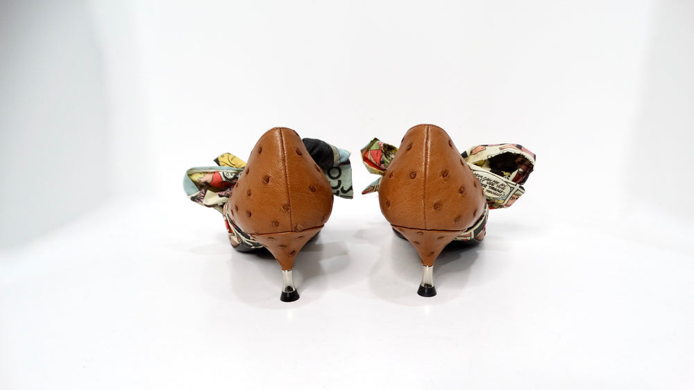 Prada Custom Brown Leather Ostrich Embossed Kitten Heels With Removable Bow