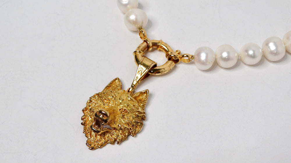 Wolf Gold-Plated Sterling Silver Pendant & Freshwater Pearl Strand Necklace