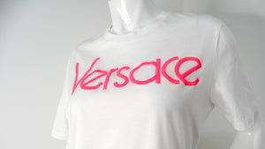 Versace Hot Pink Embroidered White Cotton T-Shirt