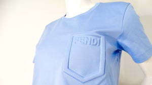 Fendi Light Blue Cotton Logo Embossed Crop Top T-Shirt