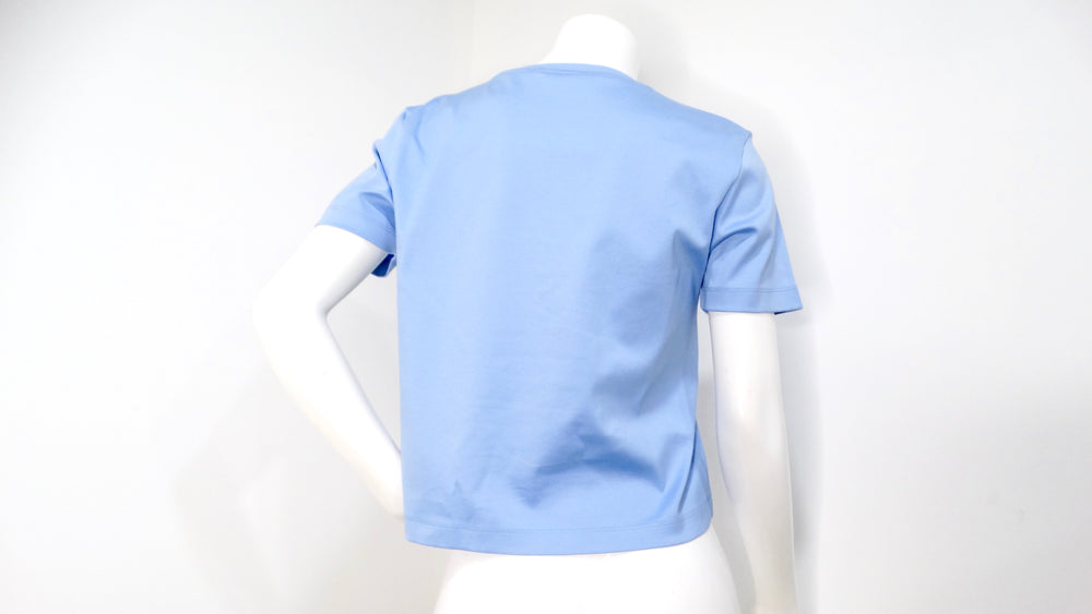 Fendi Light Blue Cotton Logo Embossed Crop Top T-Shirt