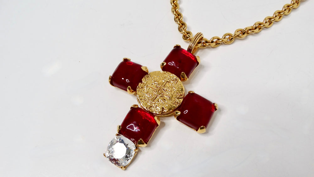 1993 Chanel Red Gripoix Gold Tone Cross Pendant Chain Link Necklace