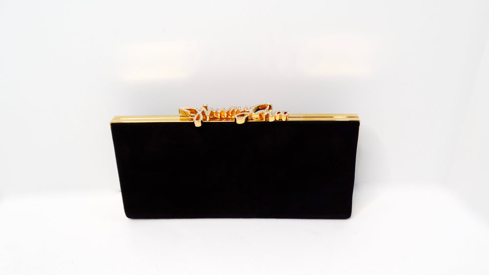 Jimmy Choo Black Suede Celeste Crystal Logo Clutch