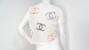 Chanel 2019 White Mesh Embroidered Colorful Interlocking CC Logo T-Shirt