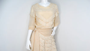 Chloe by Karl Lagerfeld Circa 1970s Cream Blush Tiered Lace & Pleated Dress