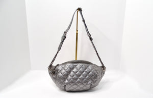 Chanel 2015 Silver Metallic Quilted Calfskin Banane Fanny Pack Waist Bag