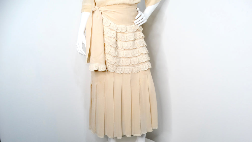 Chloe by Karl Lagerfeld Circa 1970s Cream Blush Tiered Lace & Pleated Dress