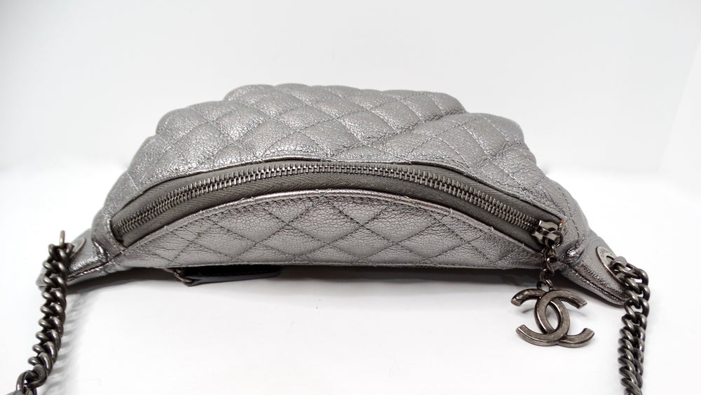 Chanel 2015 Silver Metallic Quilted Calfskin Banane Fanny Pack Waist Bag