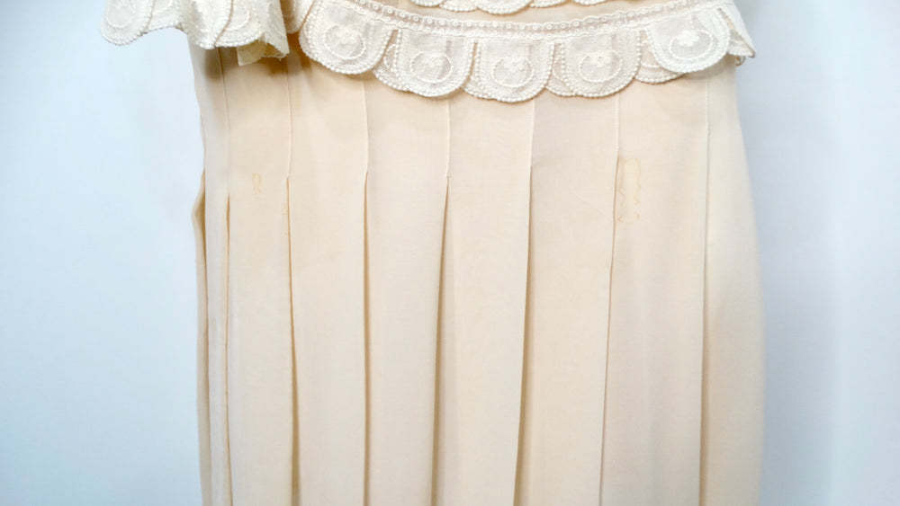 Chloe by Karl Lagerfeld Circa 1970s Cream Blush Tiered Lace & Pleated Dress