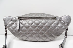 Chanel 2015 Silver Metallic Quilted Calfskin Banane Fanny Pack Waist Bag