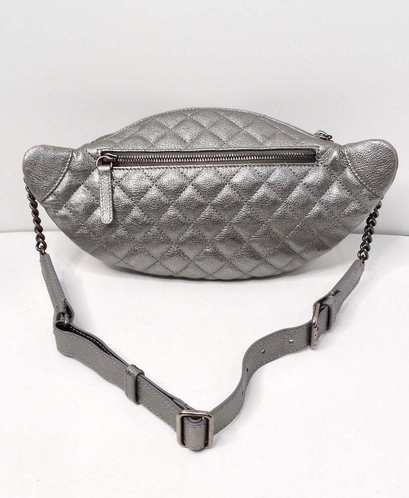 Chanel 2015 Silver Metallic Quilted Calfskin Banane Fanny Pack Waist Bag