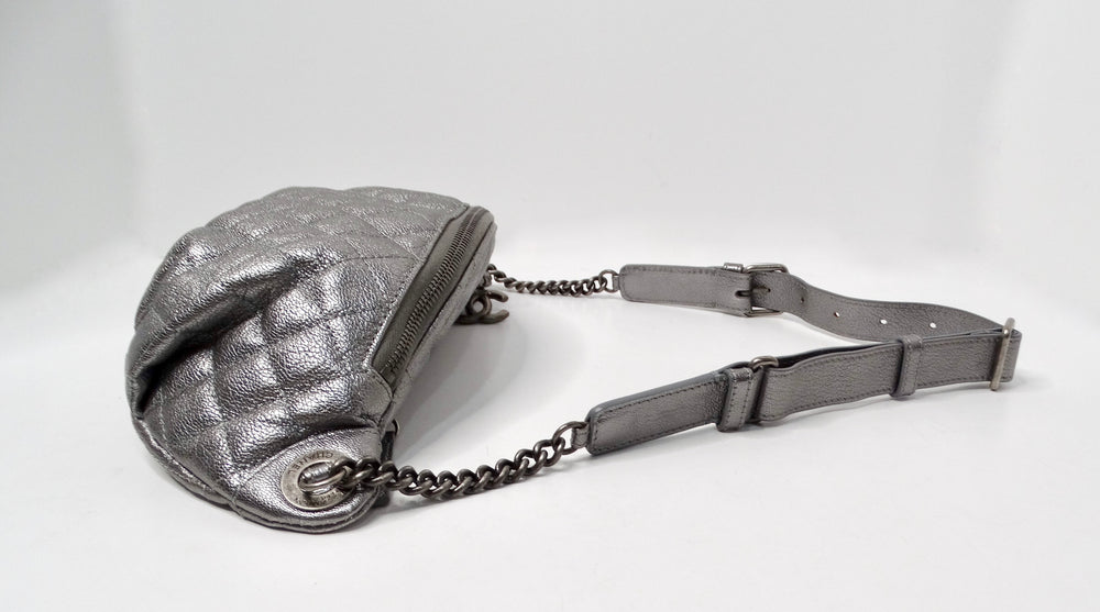 Chanel 2015 Silver Metallic Quilted Calfskin Banane Fanny Pack Waist Bag