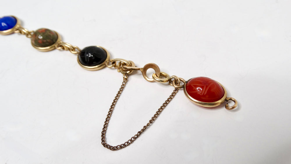 1970s Multicolor Gemstone Scarab Beetle Carved 12k Gold Filled Bracelet