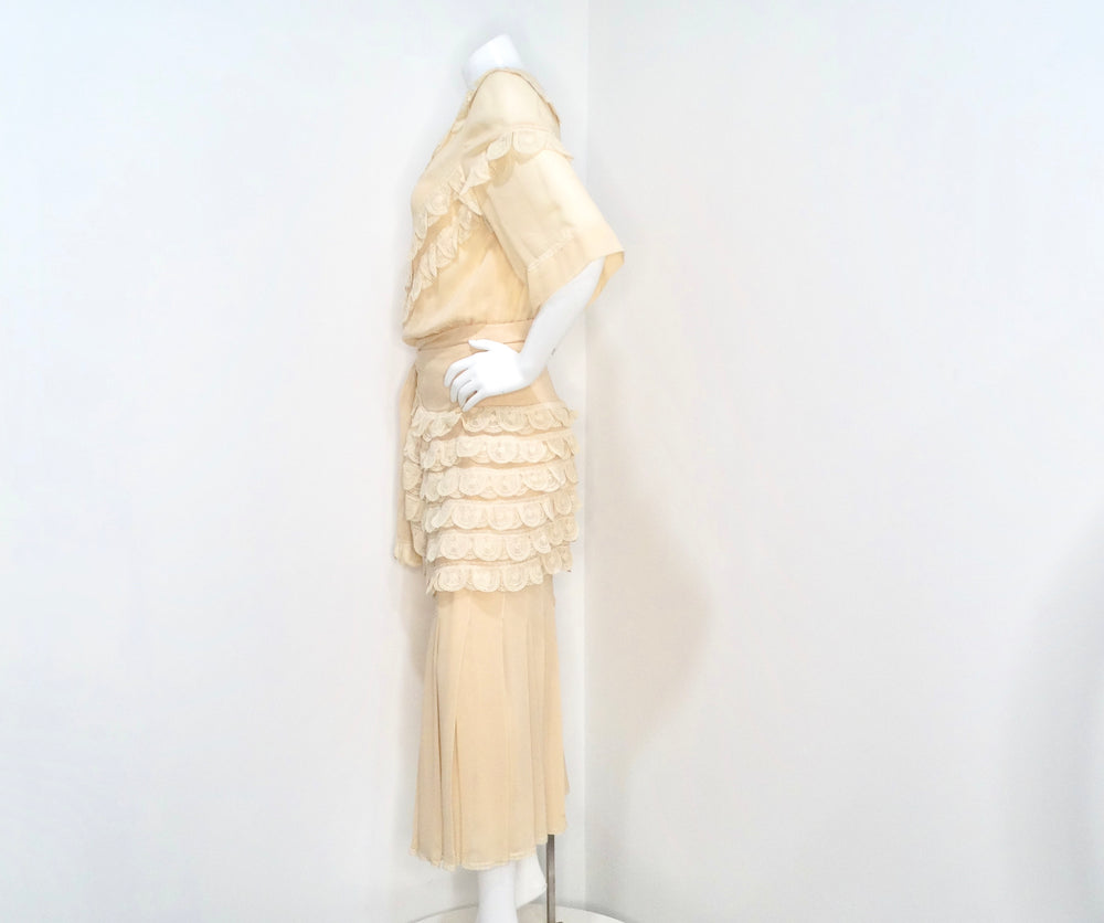 Chloe by Karl Lagerfeld Circa 1970s Cream Blush Tiered Lace & Pleated Dress