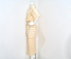 Chloe by Karl Lagerfeld Circa 1970s Cream Blush Tiered Lace & Pleated Dress