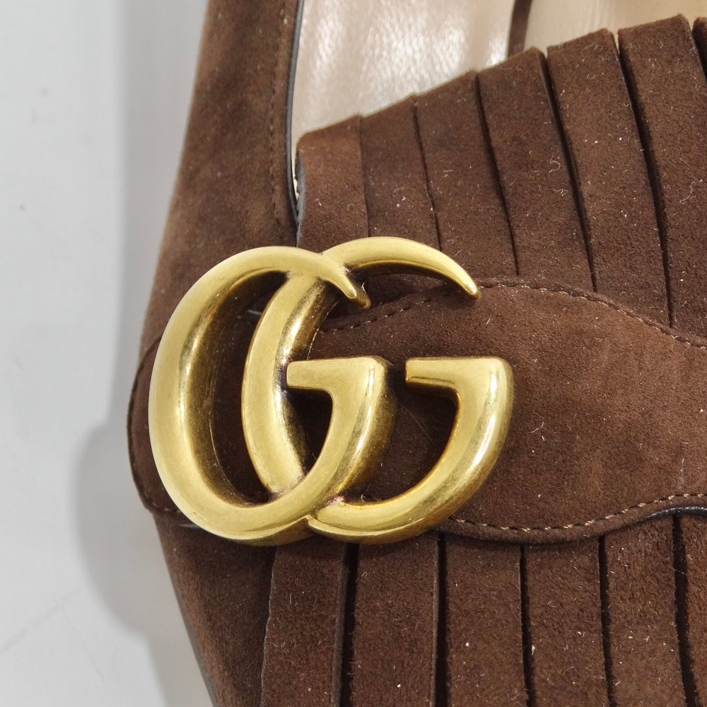 Gucci Marmont Mid-Heel Fringe Pumps in Brown Suede