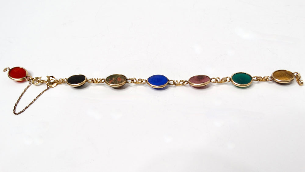 1970s Multicolor Gemstone Scarab Beetle Carved 12k Gold Filled Bracelet