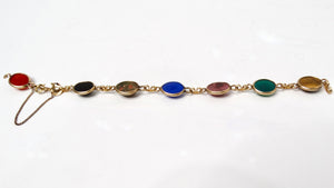 1970s Multicolor Gemstone Scarab Beetle Carved 12k Gold Filled Bracelet