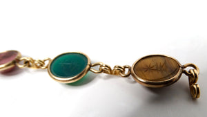 1970s Multicolor Gemstone Scarab Beetle Carved 12k Gold Filled Bracelet