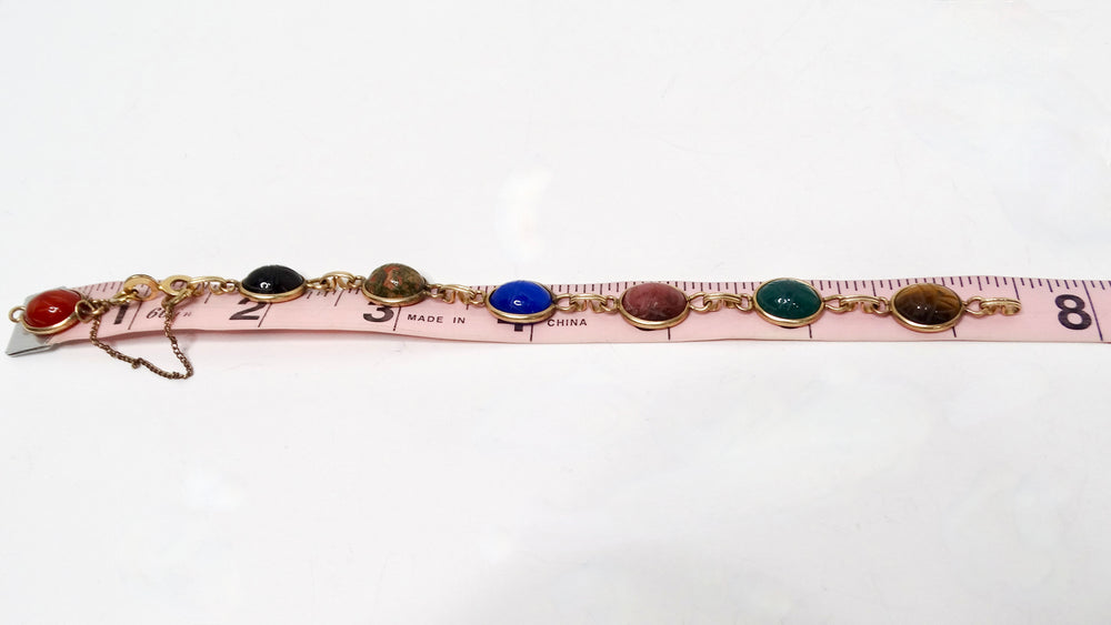 1970s Multicolor Gemstone Scarab Beetle Carved 12k Gold Filled Bracelet