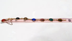 1970s Multicolor Gemstone Scarab Beetle Carved 12k Gold Filled Bracelet