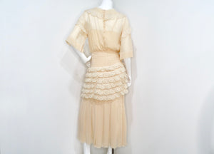 Chloe by Karl Lagerfeld Circa 1970s Cream Blush Tiered Lace & Pleated Dress