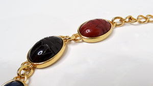 1970s Kenneth Jay Lane Multicolor Carved Scarab Gold Tone Necklace