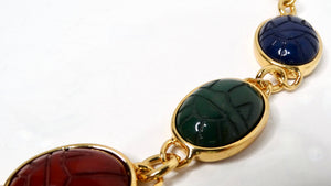 1970s Kenneth Jay Lane Multicolor Carved Scarab Gold Tone Necklace
