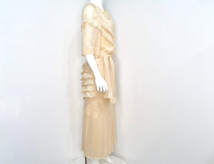 Chloe by Karl Lagerfeld Circa 1970s Cream Blush Tiered Lace & Pleated Dress